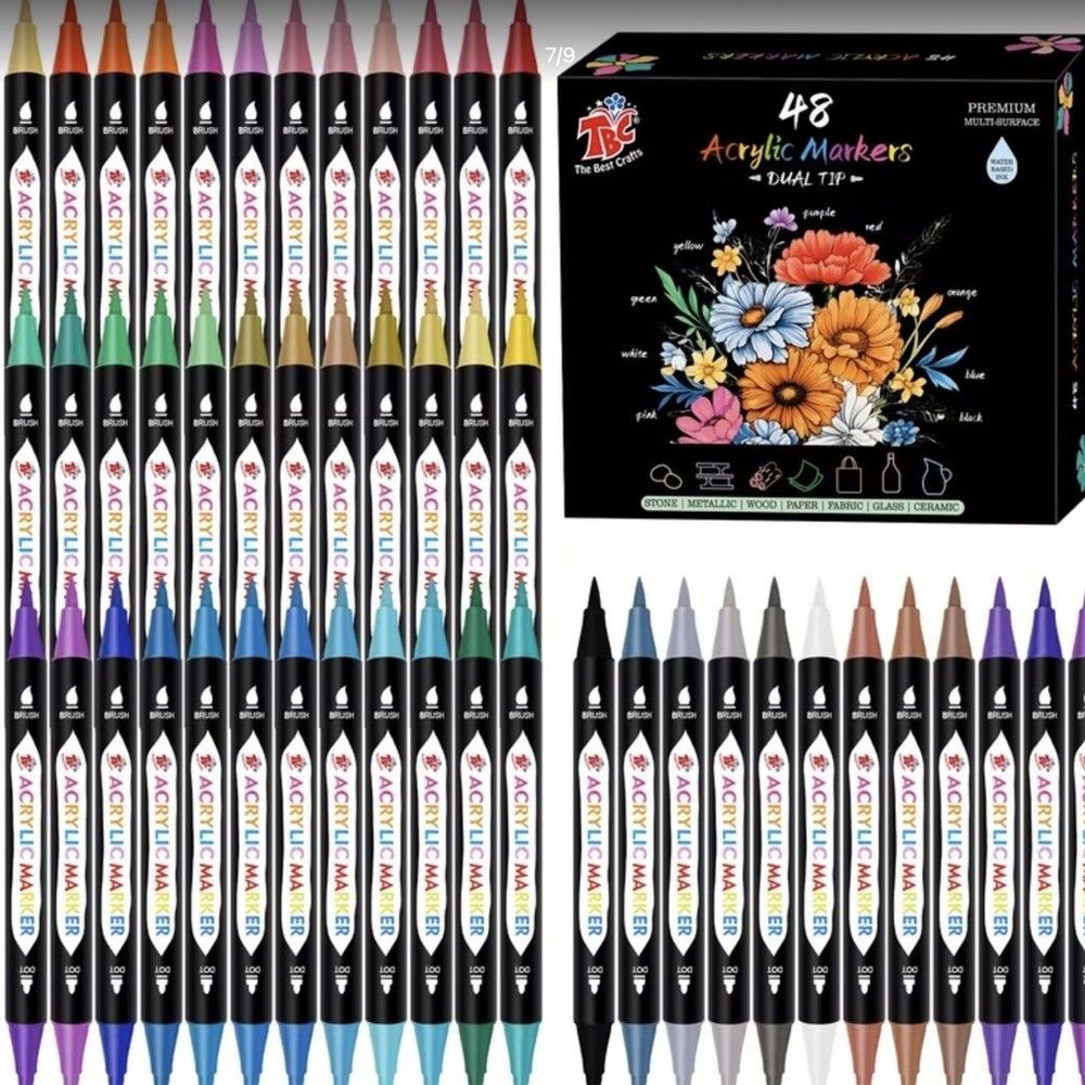 Acrylic Markers Set 48 Colors Dual Tip(Stone,metallic,wood,fabric,glass,ceramic)